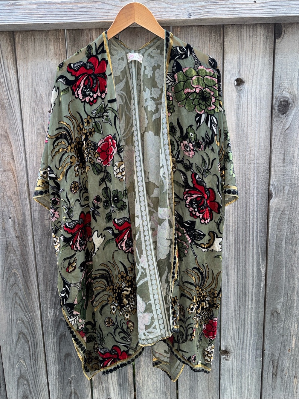 FREE PEOPLE Kimono DUSTER Dark Khaki Sheer Top Crushed Velvet Flowers